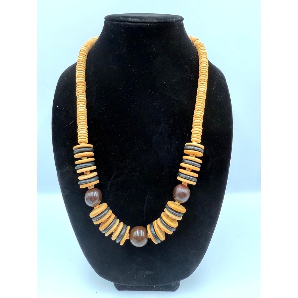 Vintage Wood Bead Disc Necklace Tan Brown Black Earthy Boho Tribal